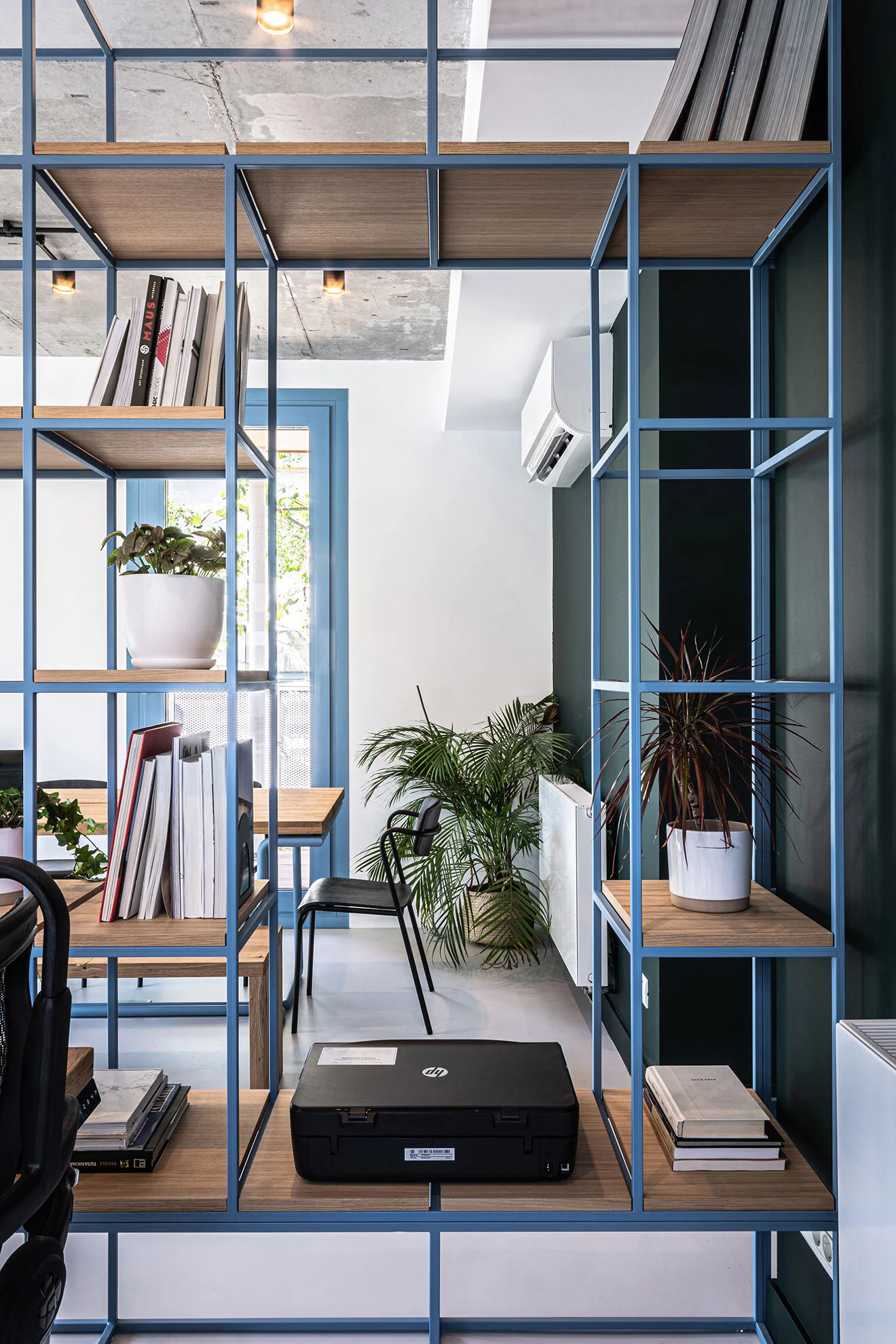 Inside the BetterBuys office, bookshelves with research materials